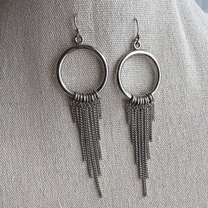 Silver Fringe Hoop Dangle Earrings
